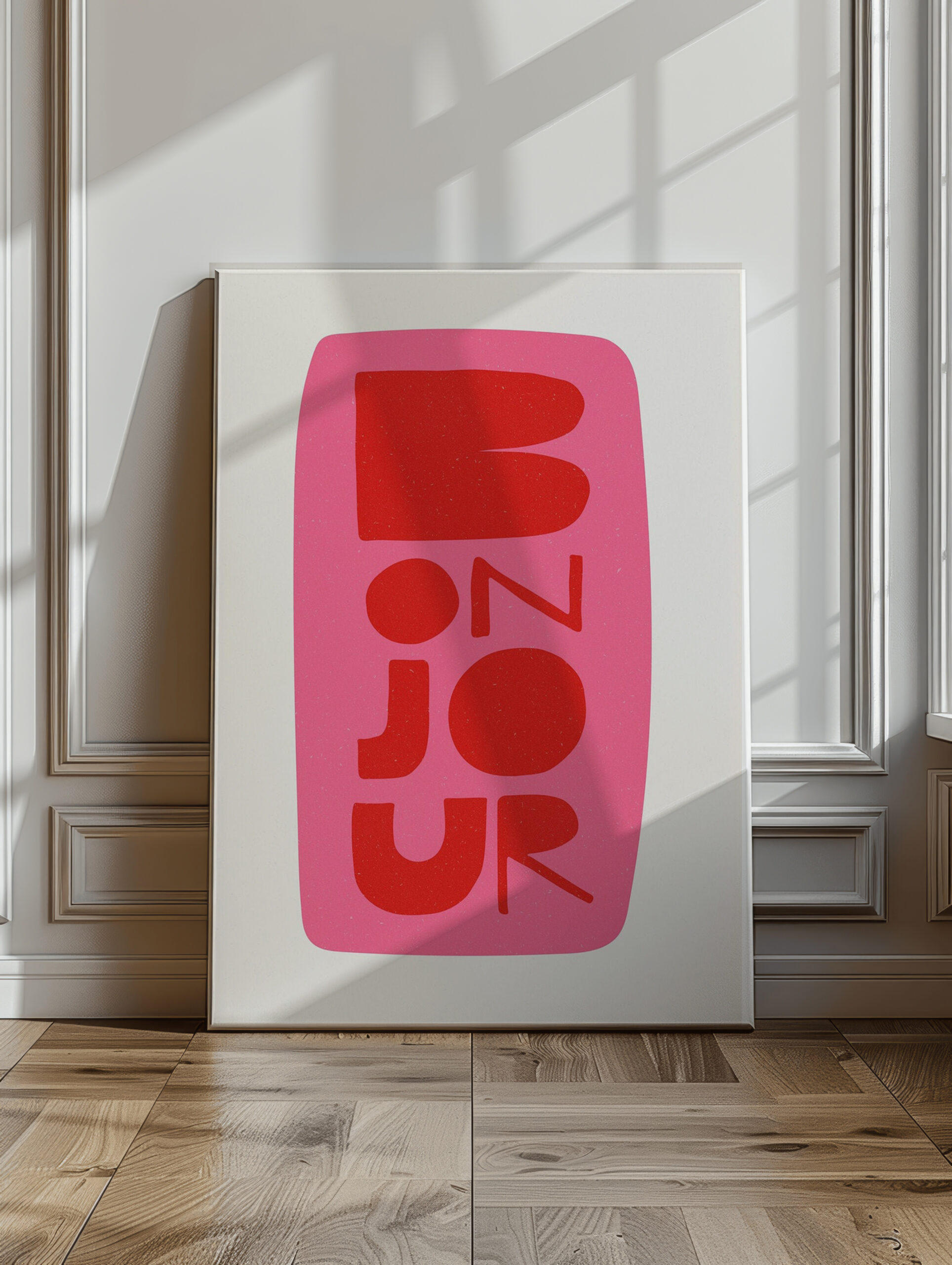 blank canvas leaning on floor against white wall minimalistic mo